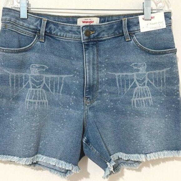 Wrangler High Rise Cut Off Denim Jean Shorts Faded Falcon Print Size 14/32 - Picture 3 of 9